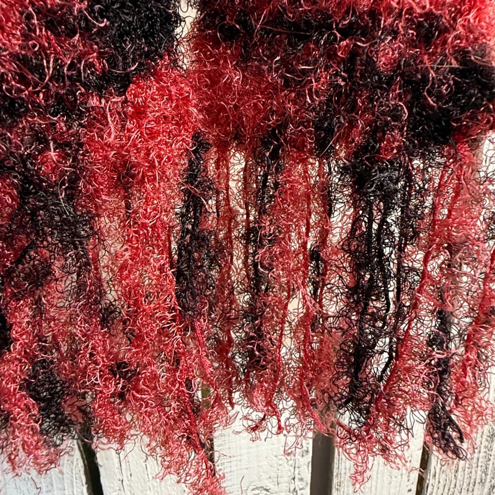 Handmade Crochet Woven Red Black Pink Fuzzy Knit Fringe Scarf One of a Kind Boho - Picture 3 of 10